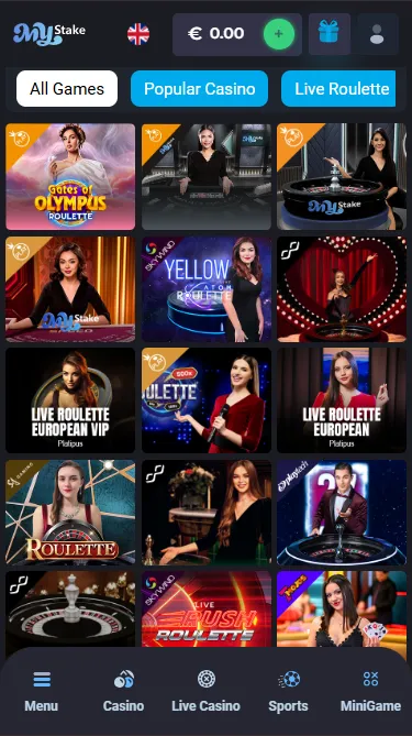 Live casino lobby on mobile