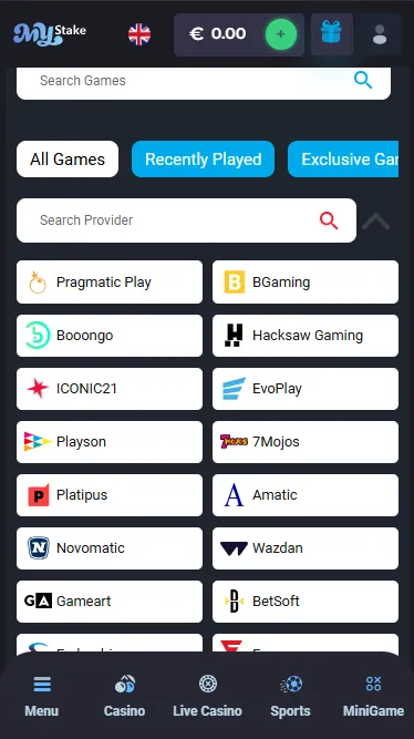 Slots lobby with provider filter on mobile