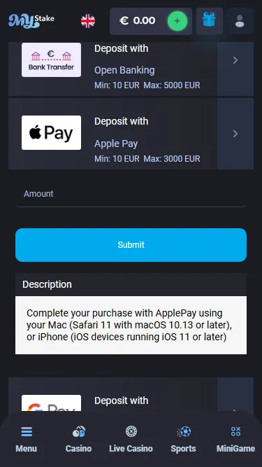 Apple Pay deposit confirmation