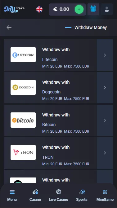 Withdrawal request screen on mobile