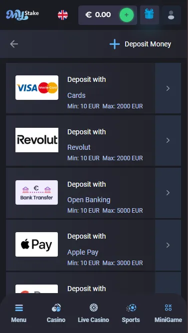 Cashier and deposit options on mobile